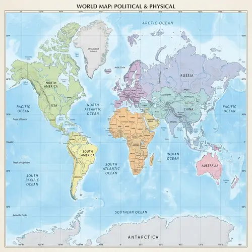 Detailed World Map with Continents and Countries | Geographic Features