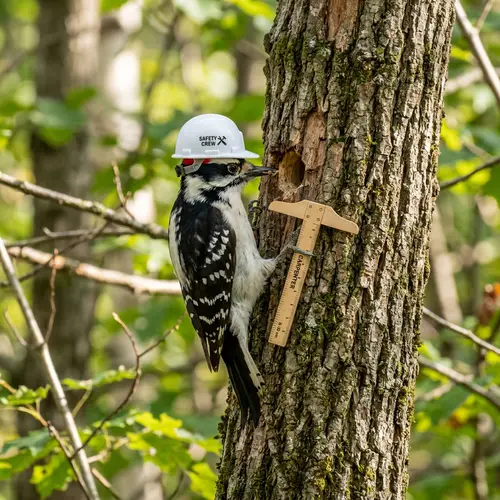 Woodpecker with T-Square and White Hard Hat