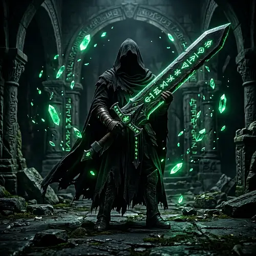 Mysterious Cloaked Figure with a Massive Blade