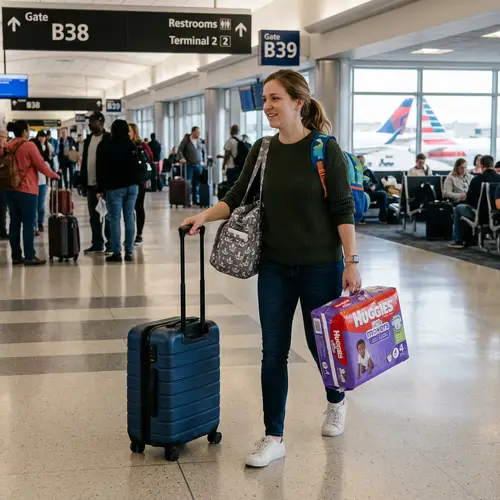 Woman Carrying Luggage and Diapers