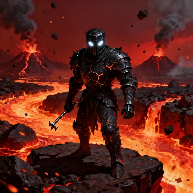 Hollow Knight in a Fiery Lava Landscape