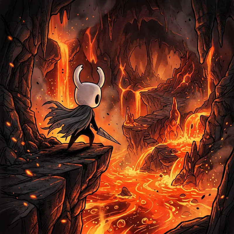 Hollow Knight in a Fiery Lava Landscape