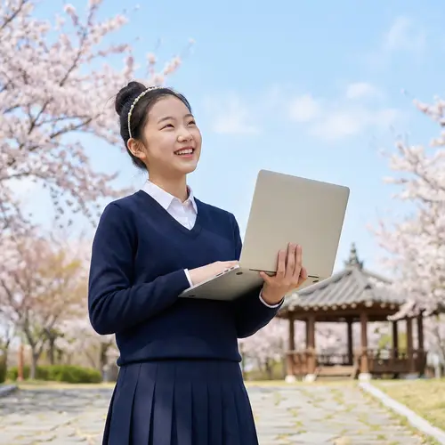 Endearing East Asian Schoolgirl in Traditional Korean Uniform with Laptop