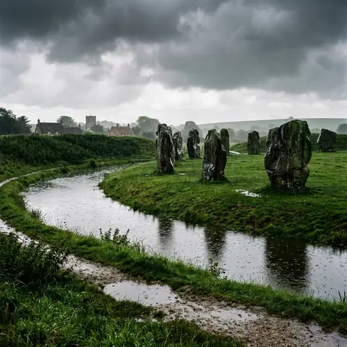 Avebury Stone Circle in Heavy Rainfall: Ancient Monument in Nature