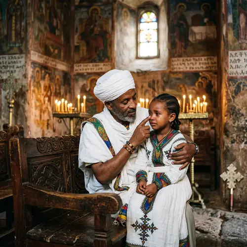 Ethiopian Father Comforting Daughter in Historical Church