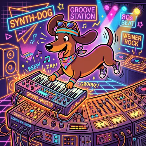 80s Retro Cartoon Dachshund Playing Keyboard | Vibrant Colors
