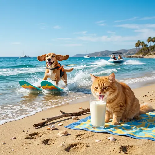 Beach Fun: Cat and Dog Enjoy Milk and Waterski Adventure