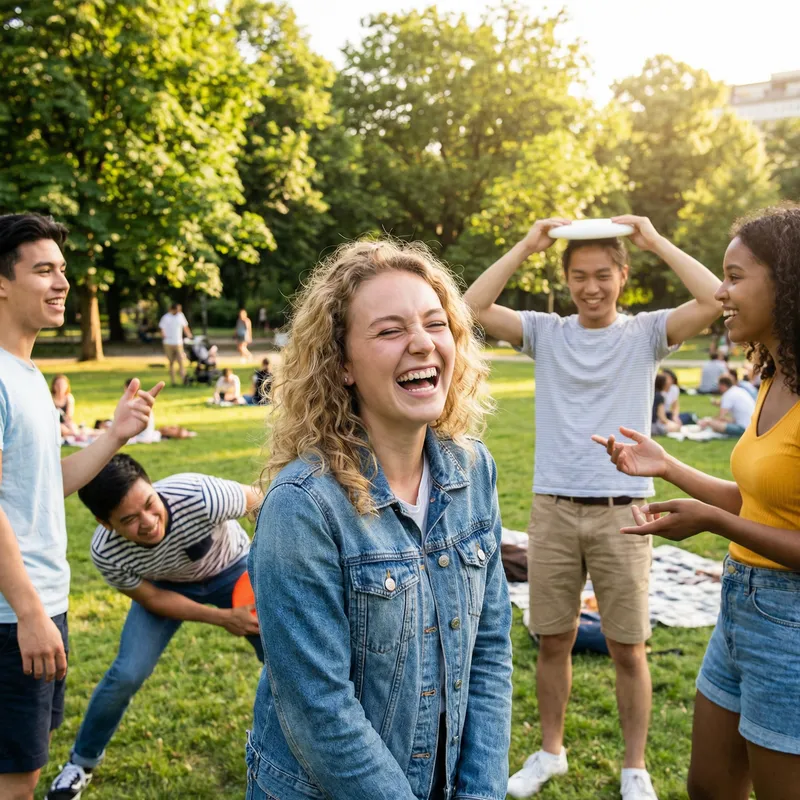 Joyful 19-Year-Old Caucasian Girl Laughing with Friends Outdoors