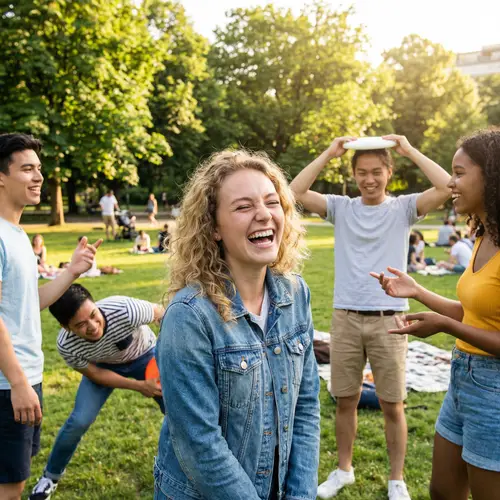 Joyful 19-Year-Old Caucasian Girl Having Fun with Friends in Sunny Park