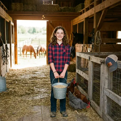 Charming Ranch Scene with a Girl and Animals