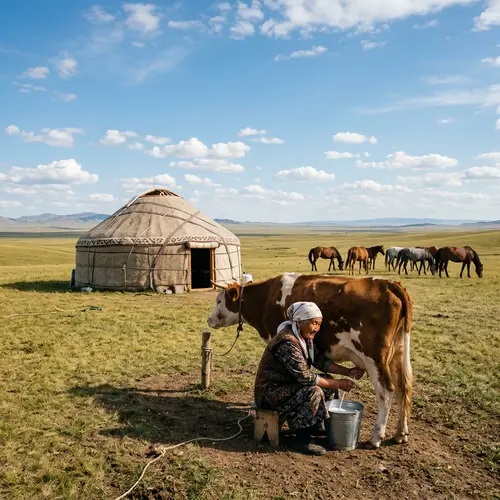 Serene Kazakh Steppe with Yurt and Grazing Horses