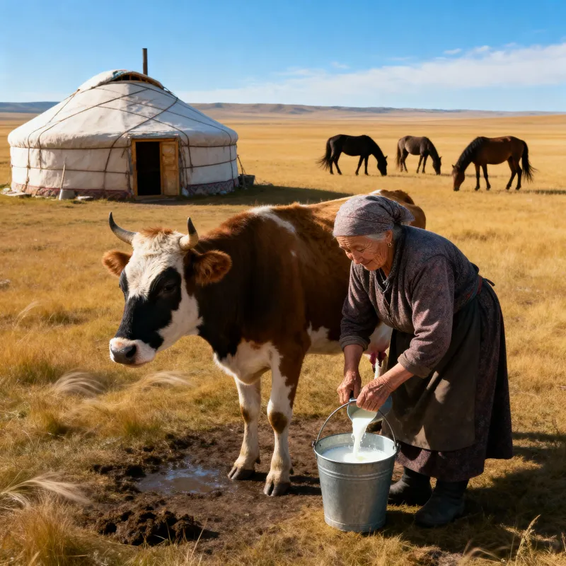 Serene Kazakh Steppe with Yurt and Grazing Horses Serene Kazakh Steppe with Yurt and Grazing Horses