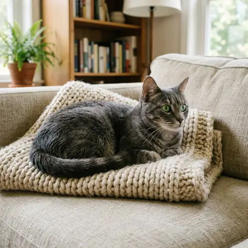 Adorable Domestic Short-Haired Cat on Cozy Couch