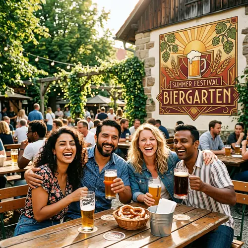Vintage Beer Garden Gathering | Joyful Diverse Friends Embrace Sunny Day