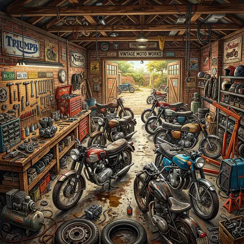 Vintage Motorcycles Garage: Tools & Stories | Digital Painting