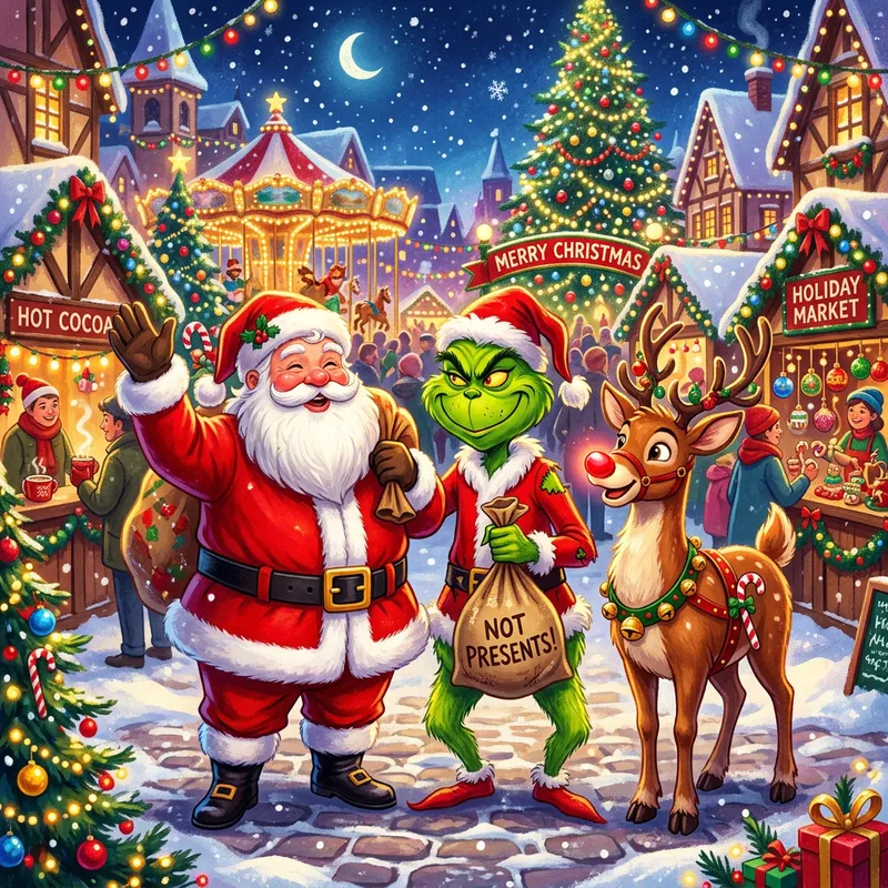 Vibrant Painting of Santa, Grinch & Rudolph: Festive Holiday Scene