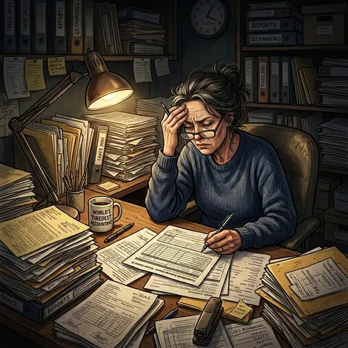 Tediousness Depicted: Overwhelmed Woman at Desk with Papers