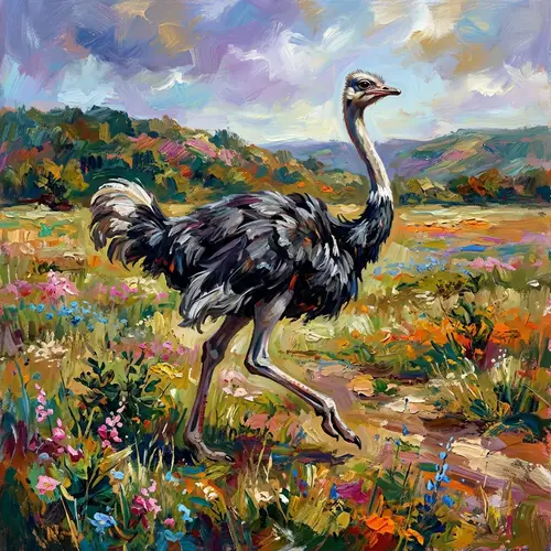 Majestic Ostrich in Vibrant Field - Digital Painting