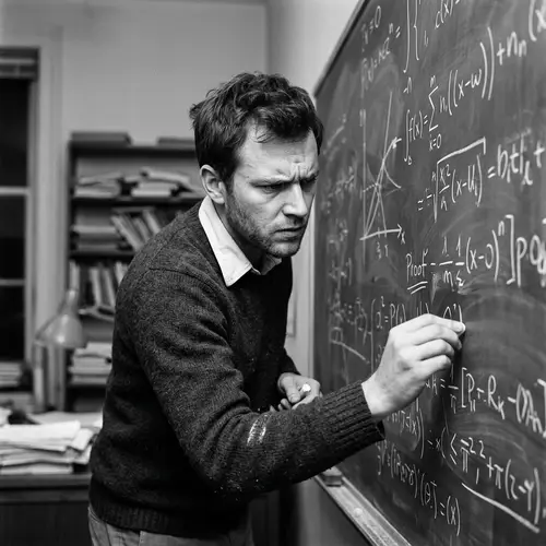 Prodigious Caucasian Mathematician in Deep Focus on Chalkboard Equations