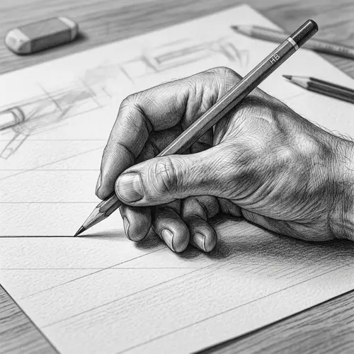 Meticulously Rendered Black-and-White Pencil Drawing of Hand Drawing Straight Line