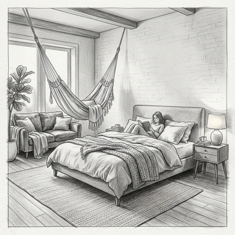 Cozy Bedroom Sketch: Warm Earth Tones, Soft Lighting, Relaxing Poses Cozy Bedroom Sketch: Warm Earth Tones, Soft Lighting, Relaxing Poses