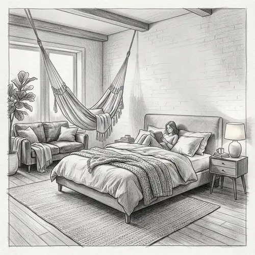 Intimate Bedroom Scene with Cozy Bed, Comforting Couch, Relaxing Hammock