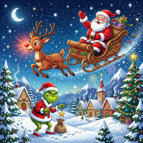 Iconic Festive Figures: Jolly Man, Impish Creature and Glowing Reindeer