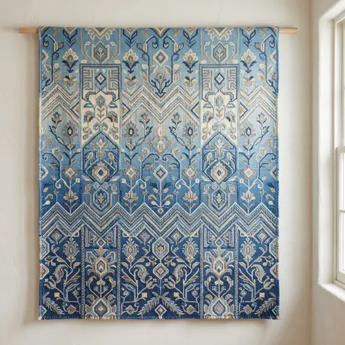 Intricate Hand-Woven Textile Pattern on Gradient Blue Background