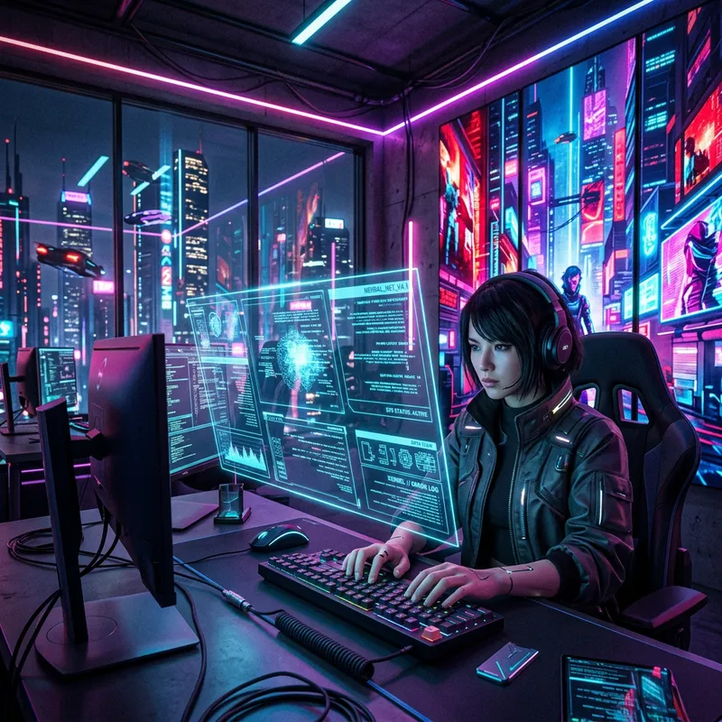 Intense Cyberpunk Office Vibes: Holographic Screens & Mechanical Keyboards