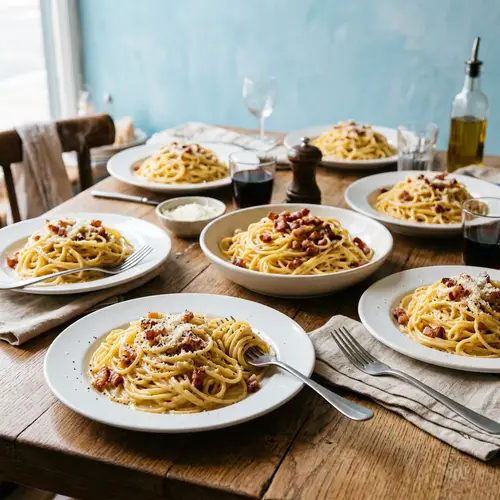 Delicious Carbonara Pasta on Light Blue Background