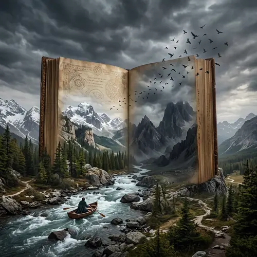 Surreal Adventure: Open Book Landscape with Miniature Boat Journey