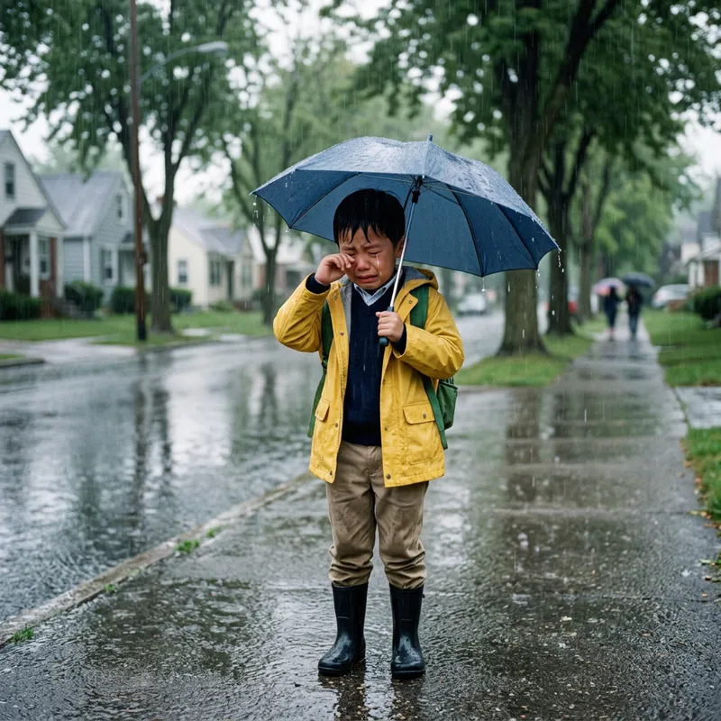Young Boy Crying in the Rain - Emotional Moment