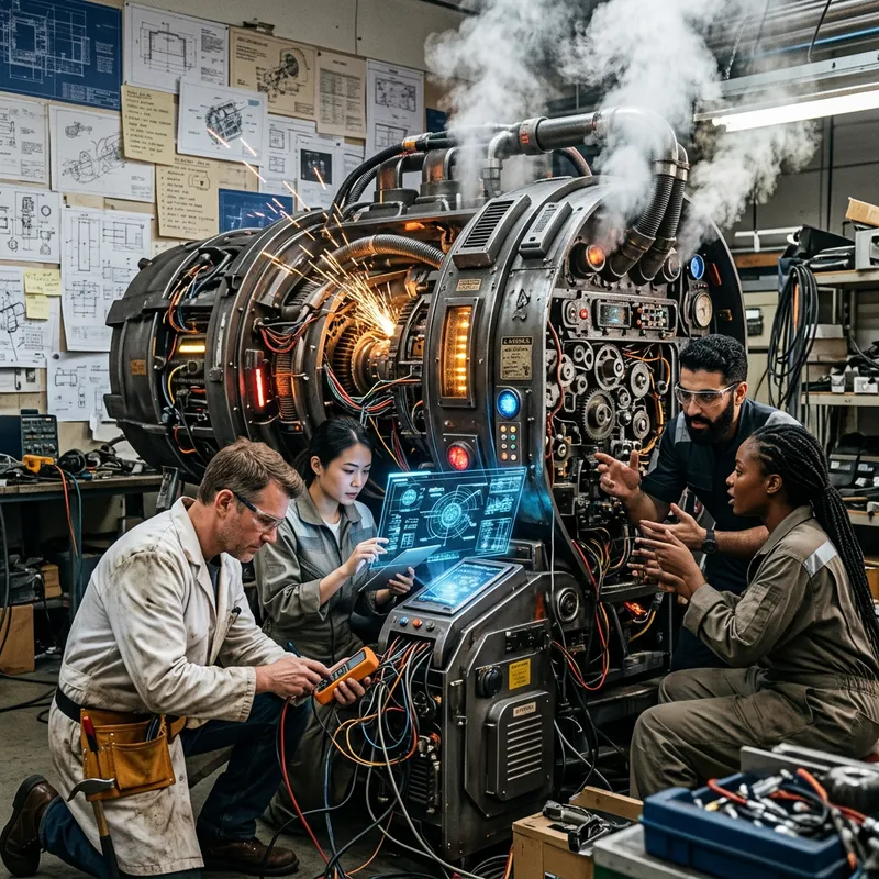 Humans Overworking a Futuristic Machine