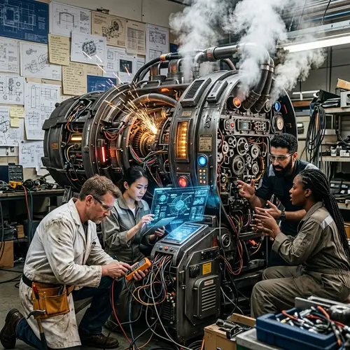 Humans Overworking a Futuristic Machine