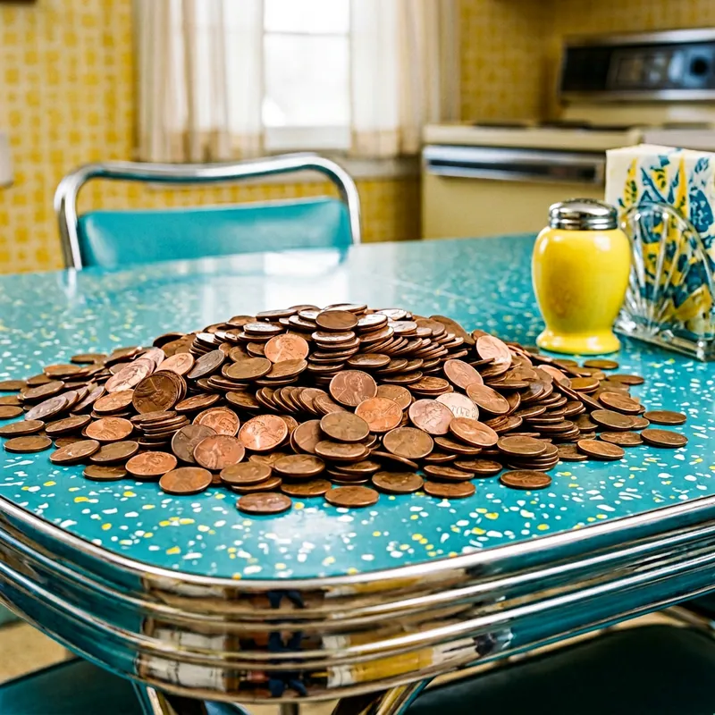 Vintage Copper Pennies on Retro Kitchen Table