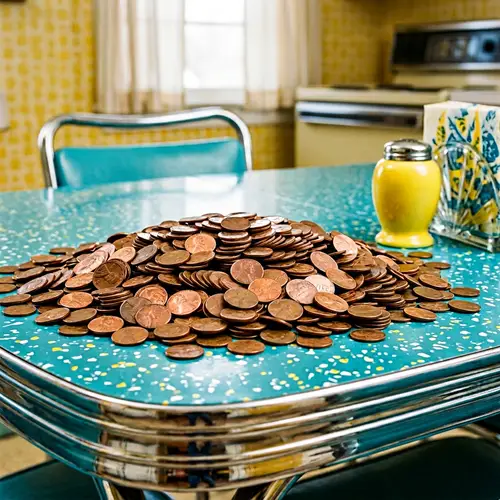 Vintage Copper Pennies on Retro Kitchen Table