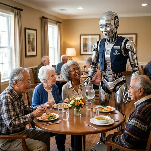 Happy Chrome Human-like Robot in Dining Room with Elderly Residents