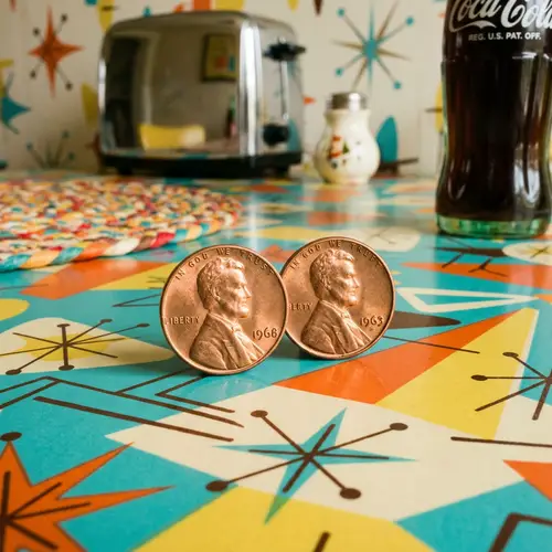 Retro Copper Pennies on Vintage Kitchen Table