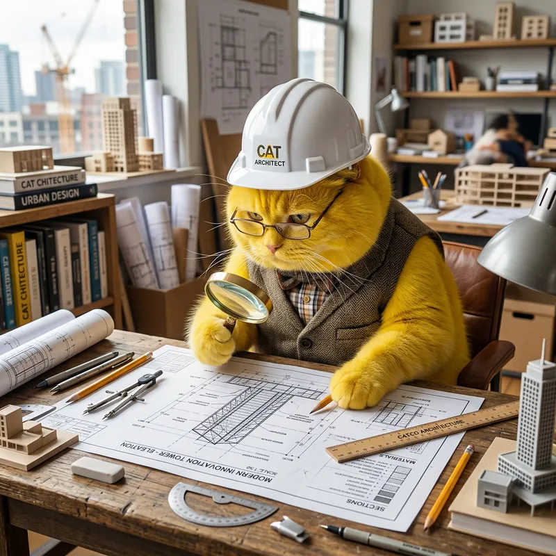 Dedicated Yellow Cat Architect Designing Innovative Structures