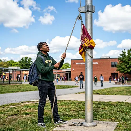 Student Attempts to Raise School Flag - Inspiring Scene