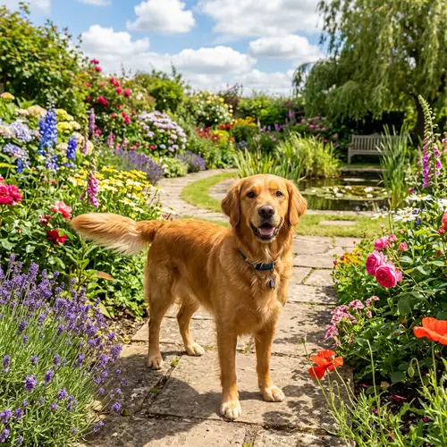 Dog in Beautiful Garden with Flowers - Joyful Scene
