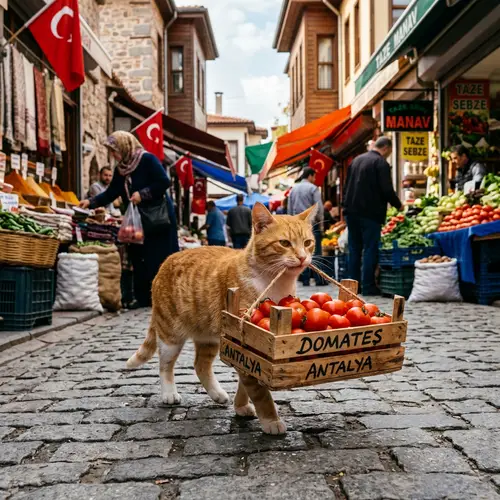 Cat Carrying Crate of Tomatoes in Turkey