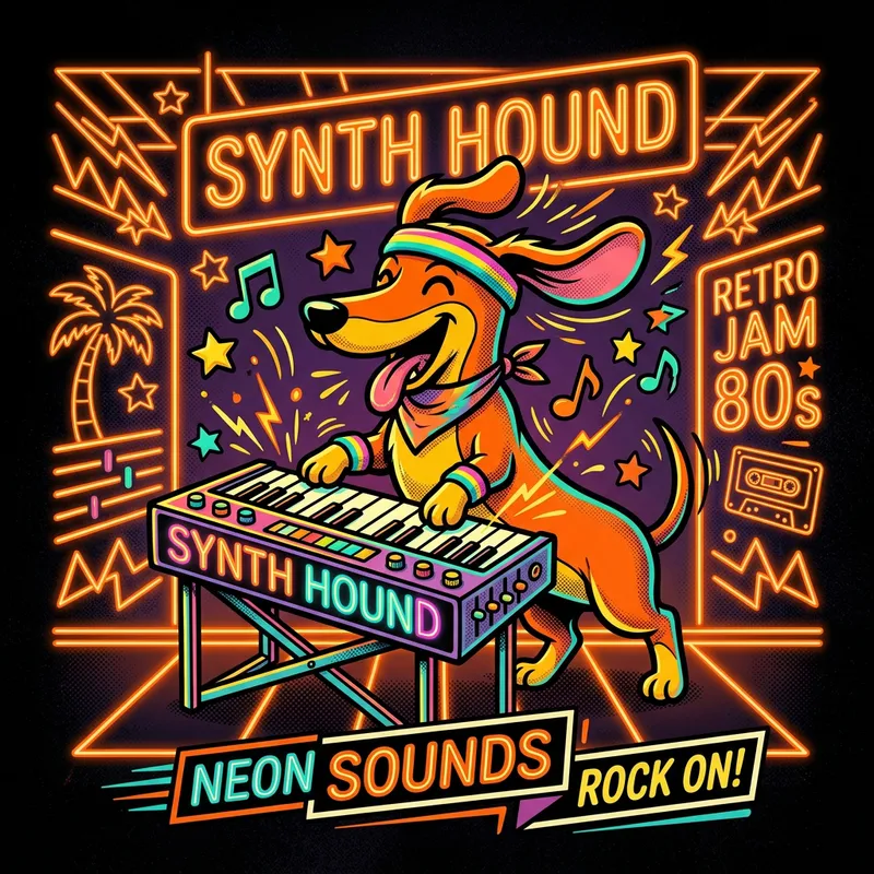 Dachshund Keyboard Soundboard: Retro 80s Neon T-Shirt Design Dachshund Keyboard Soundboard: Retro 80s Neon T-Shirt Design