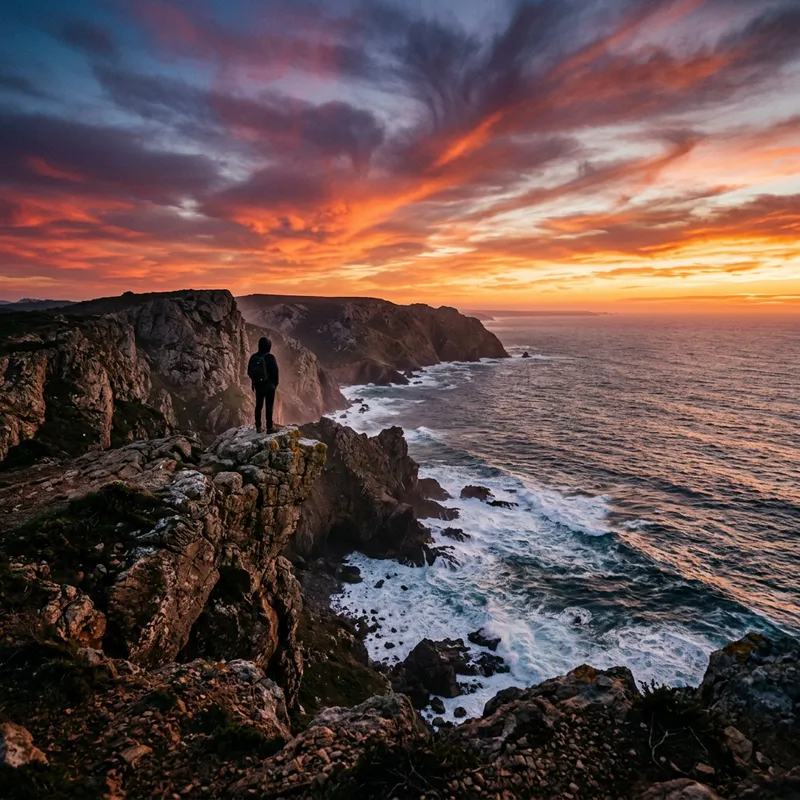 Solitude & Nature's Power: Figure on Cliff | Vibrant Colors & Dramatic Light
