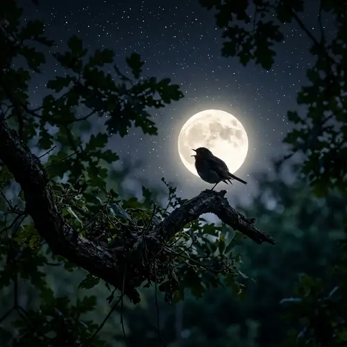 Serenity of Night: Bird Chirping under a Full Moon