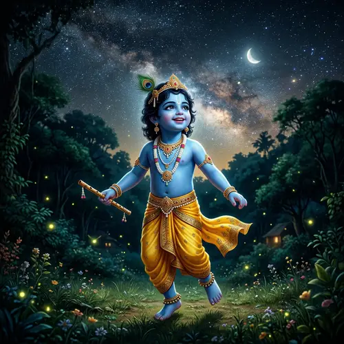 Child Krishna Playing Under Starlit Night Sky