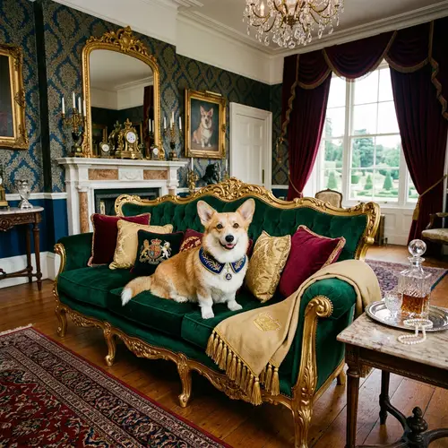 Luxurious Corgi Lounging on Opulent Velvet Couch