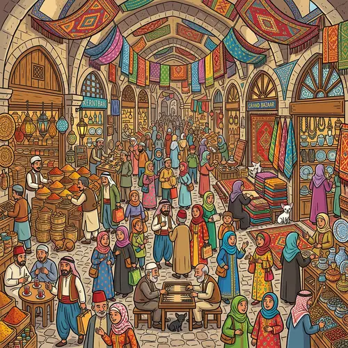 Colorful Cartoon Crowd Scene in Turkish Grand Bazaar