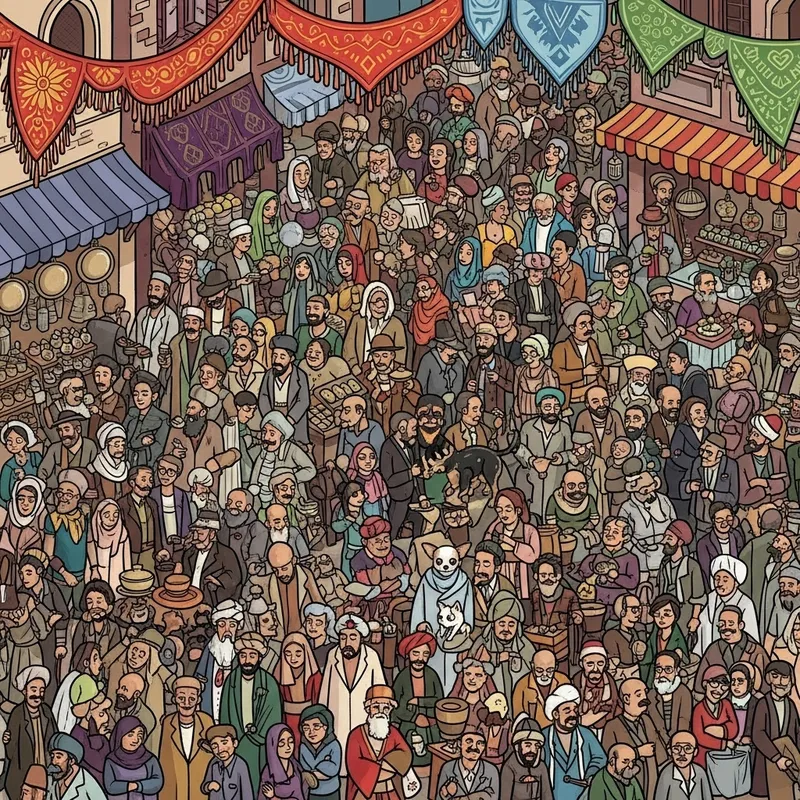 Colorful Cartoon Crowd Scene in Turkish Grand Bazaar