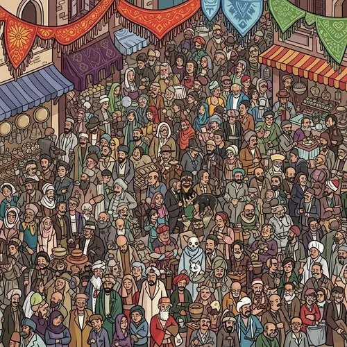 Colorful Cartoon Crowd Scene in Turkish Grand Bazaar